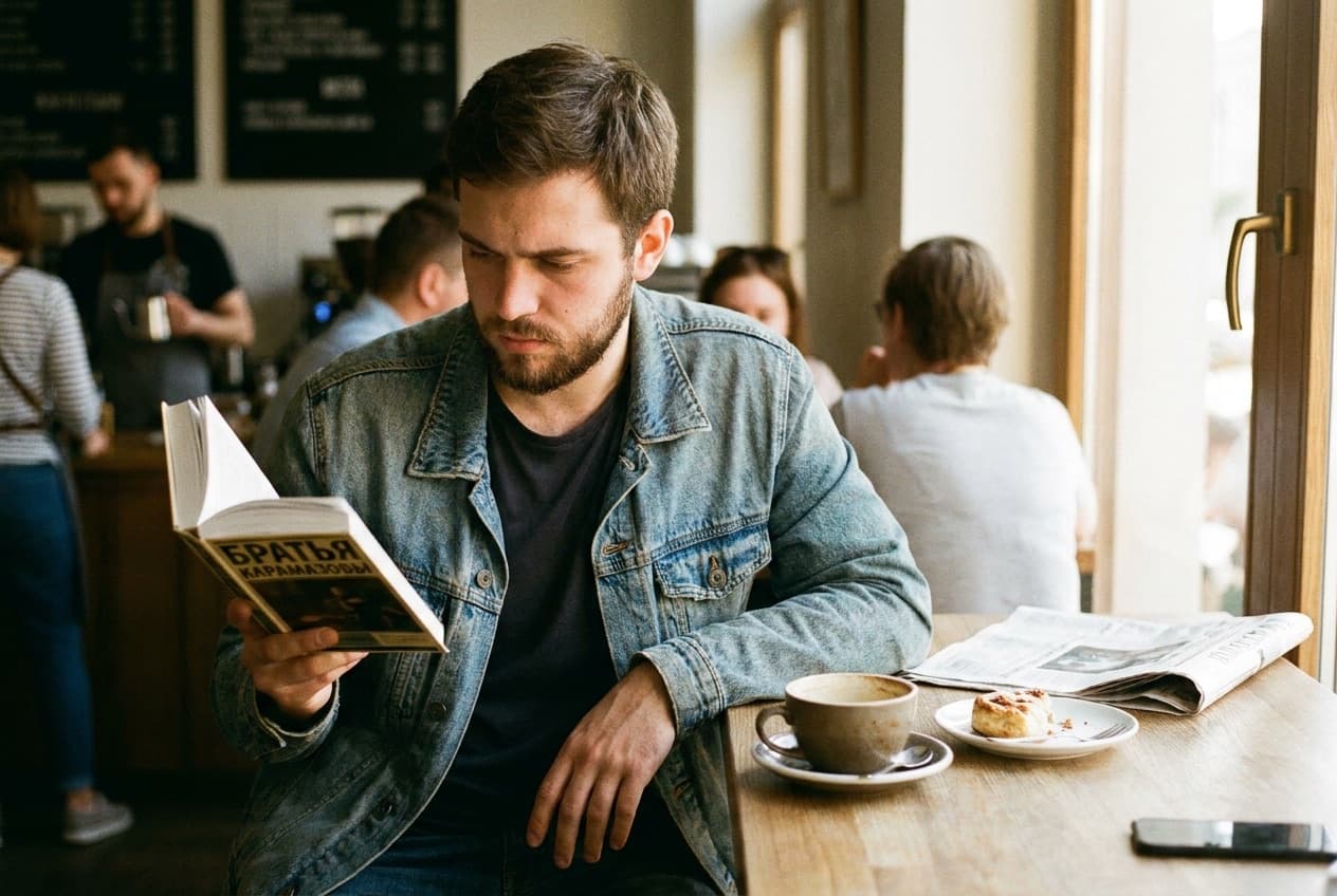A man reading a Russian novel at a sunny cafe