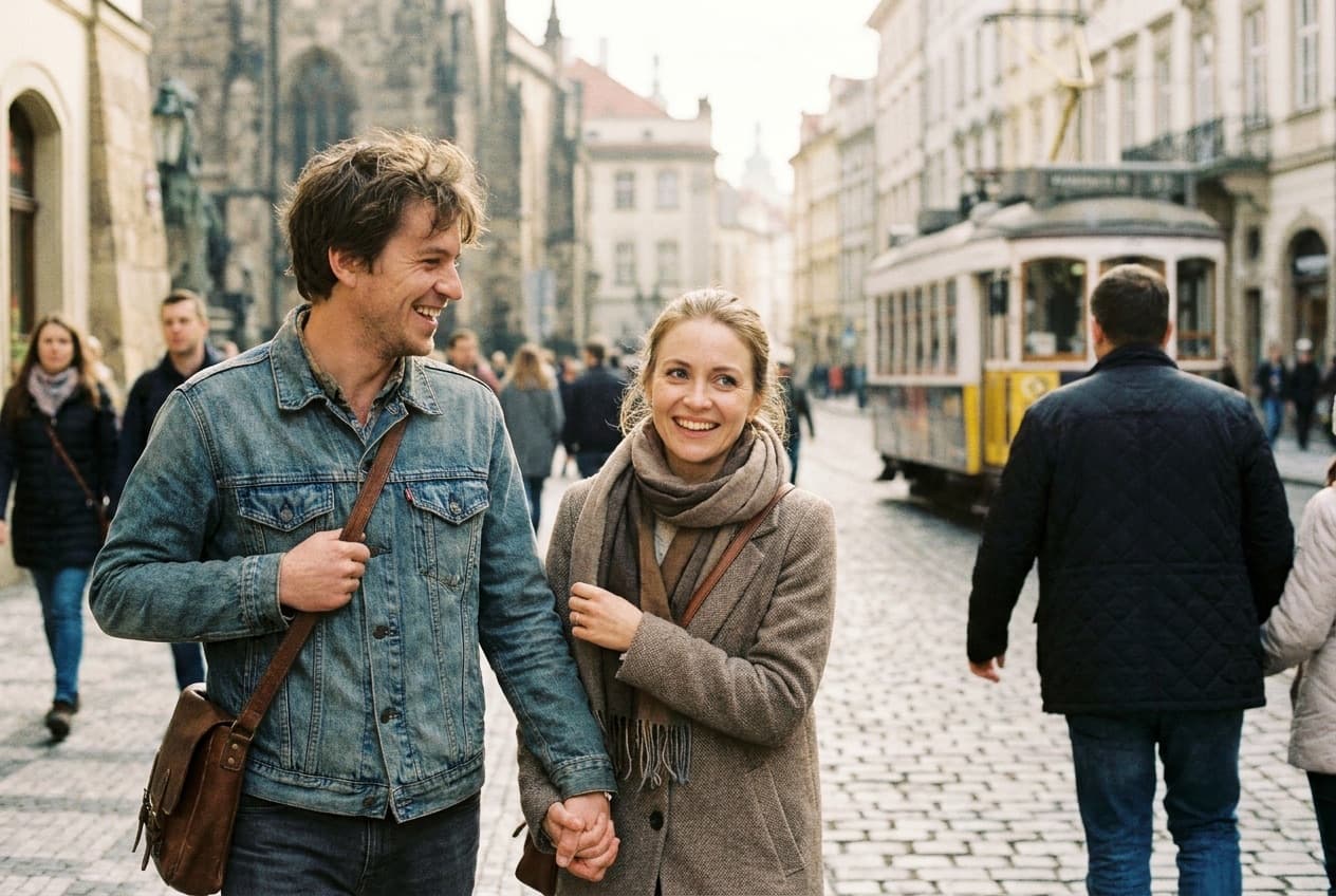 A happy couple walking and laughing together on a city street