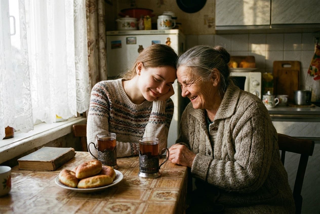 A young woman laughing with her Russian grandmother in a cozy kitchen